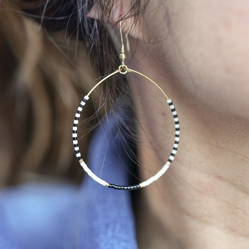 Beaded Hoop Earrings | Black,Ivory and Gold